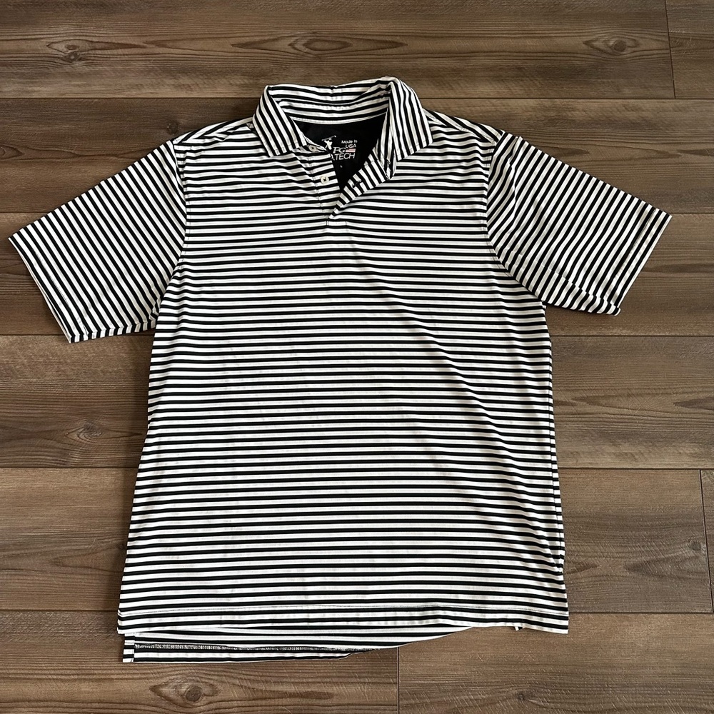 Men's Black and White Striped Polo Shirt